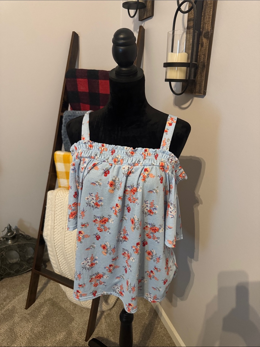 MELLODAY Light Blue Floral Ruffled Smocked Camisole
